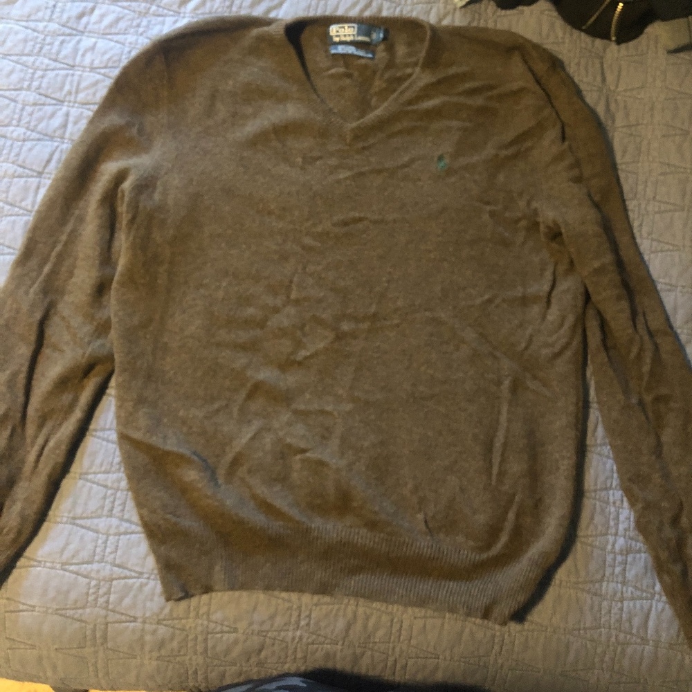 Large brown lambs wool polo v neck sweater